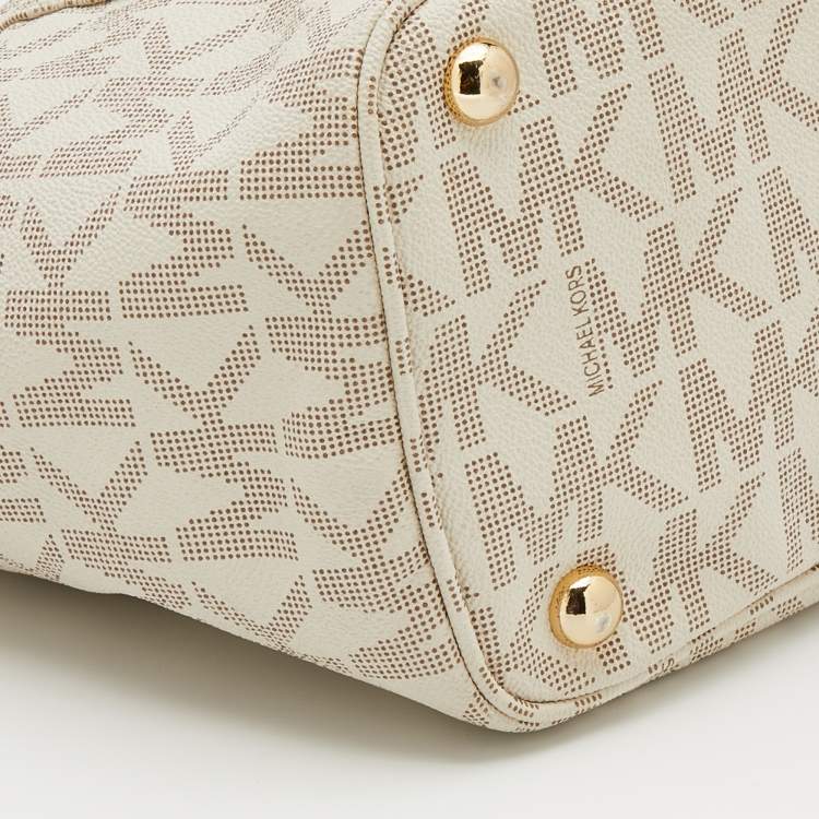 Pre Owned MICHAEL Michael Kors Off White/Beige Signature Coated Canvas and Leather Jet Set East West Tote