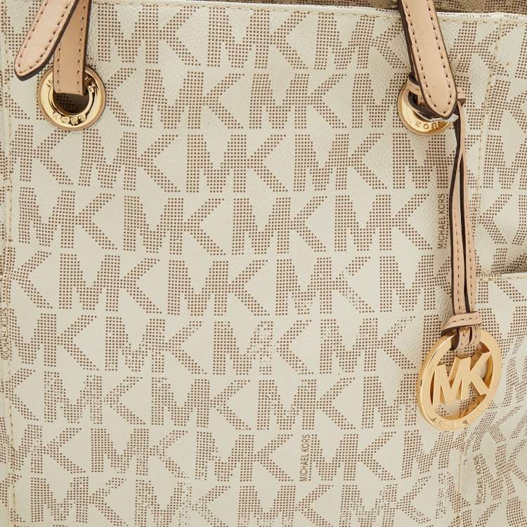 Pre Owned MICHAEL Michael Kors Off White/Beige Signature Coated Canvas and Leather Jet Set East West Tote