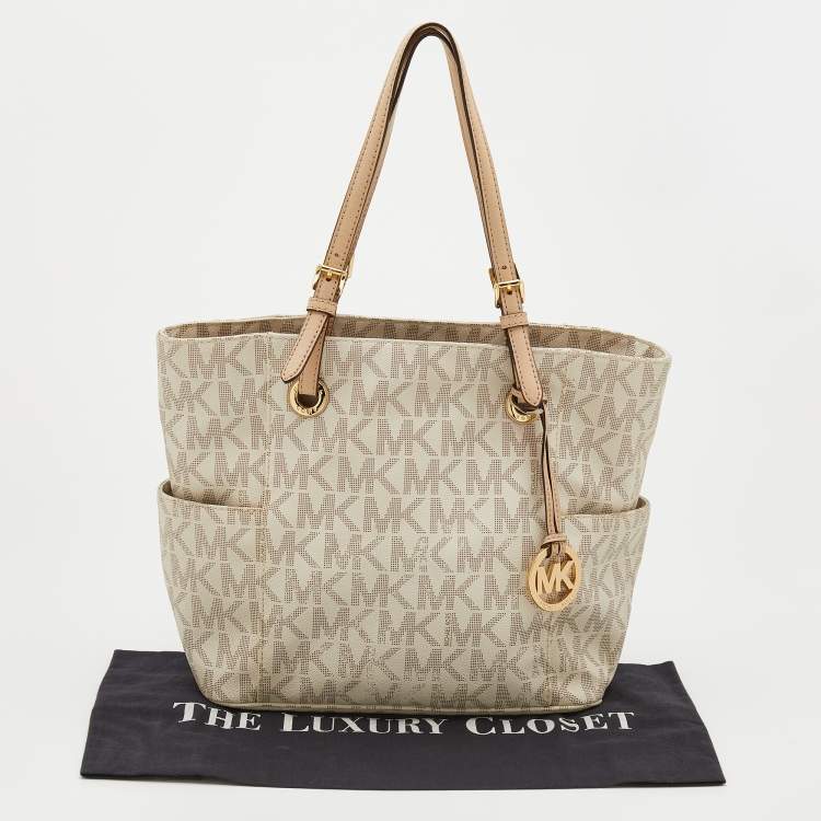 Pre Owned MICHAEL Michael Kors Off White/Beige Signature Coated Canvas and Leather Jet Set East West Tote