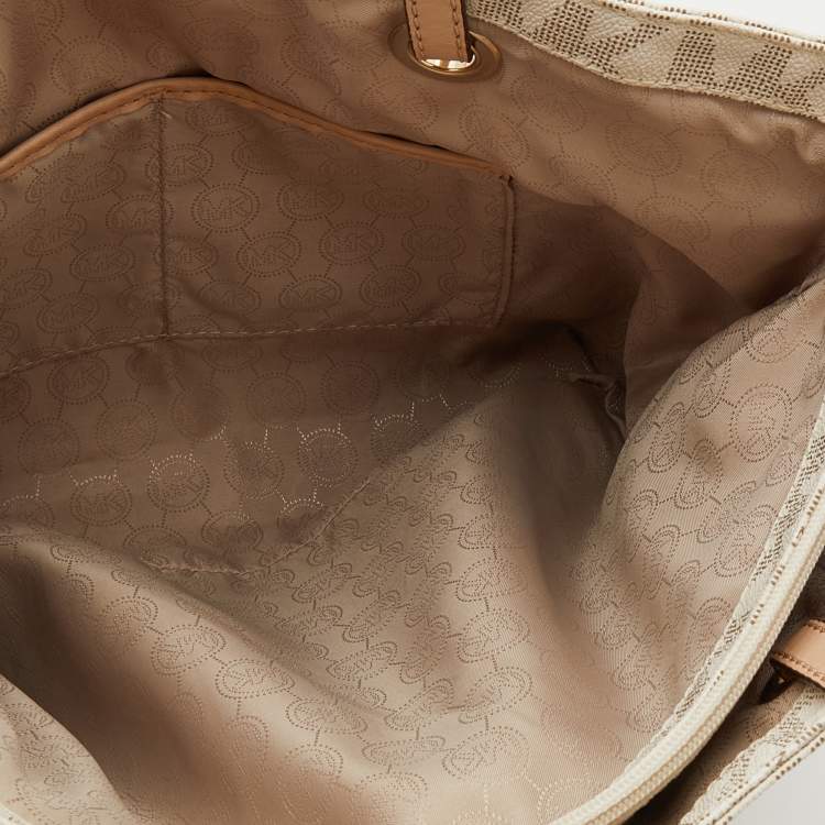 Pre Owned MICHAEL Michael Kors Off White/Beige Signature Coated Canvas and Leather Jet Set East West Tote