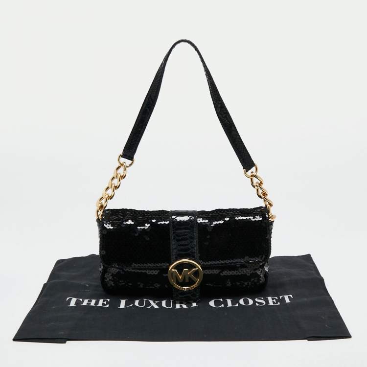 Pre Owned Michael Kors Black Sequins And Python Effect Leather Flap Shoulder Bag