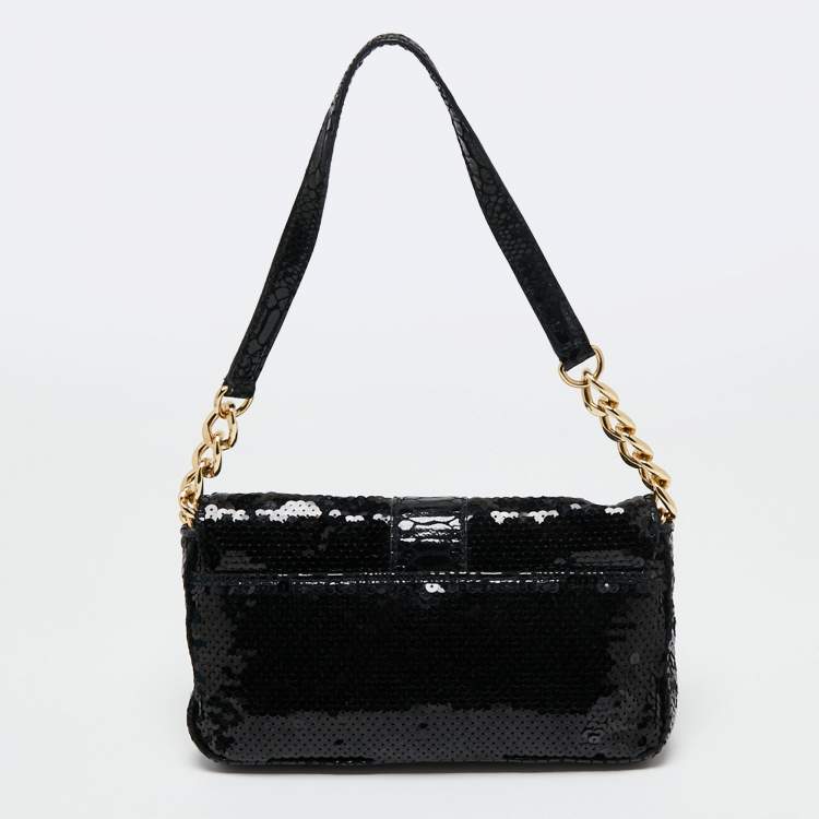 Pre Owned Michael Kors Black Sequins And Python Effect Leather Flap Shoulder Bag