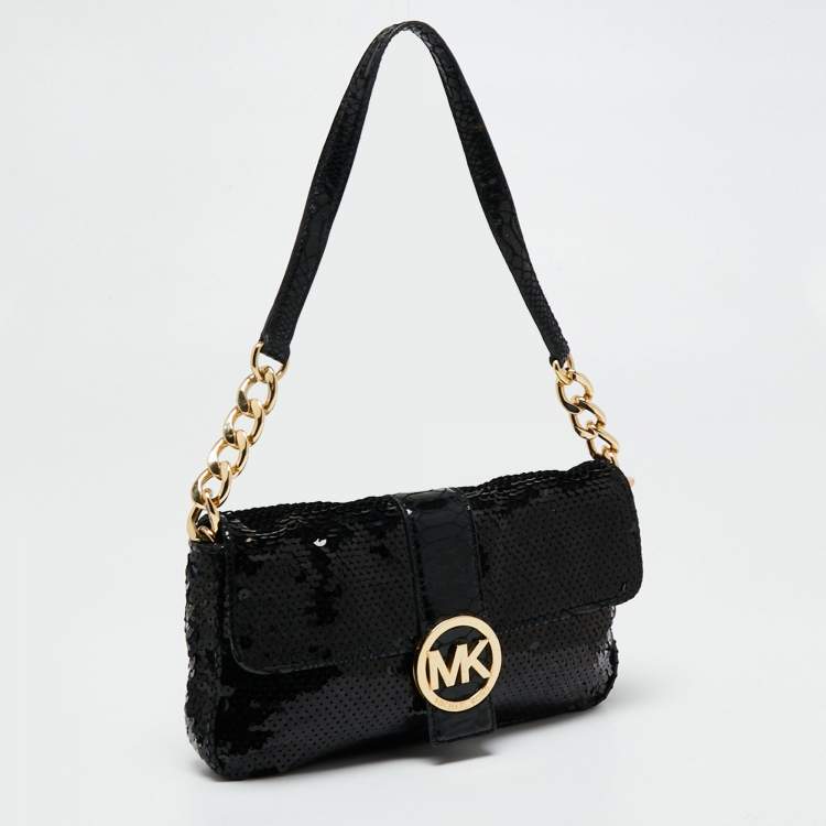 Pre Owned Michael Kors Black Sequins And Python Effect Leather Flap Shoulder Bag