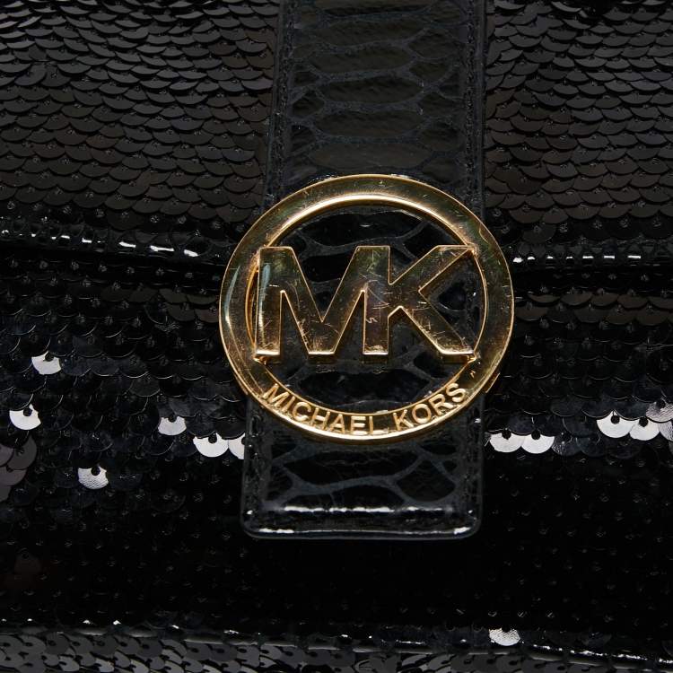 Pre Owned Michael Kors Black Sequins And Python Effect Leather Flap Shoulder Bag