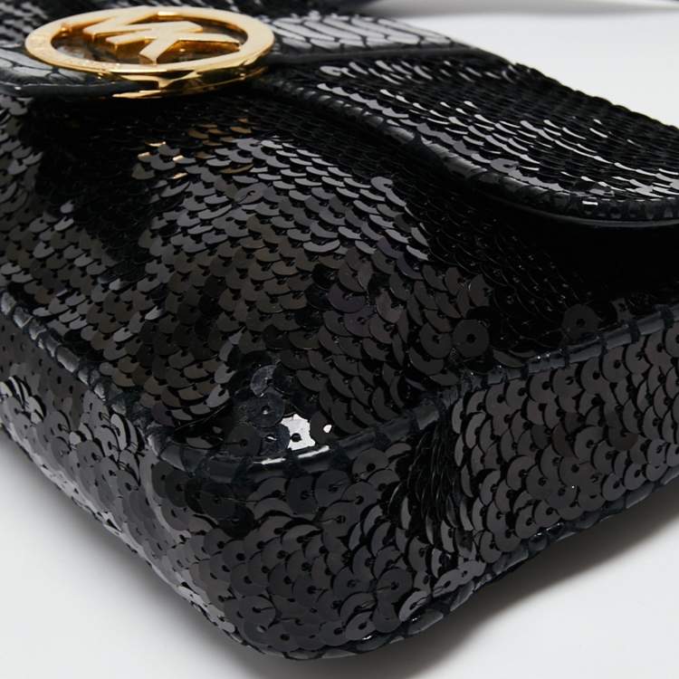 Pre Owned Michael Kors Black Sequins And Python Effect Leather Flap Shoulder Bag