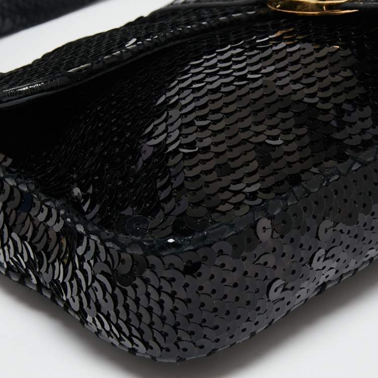 Pre Owned Michael Kors Black Sequins And Python Effect Leather Flap Shoulder Bag