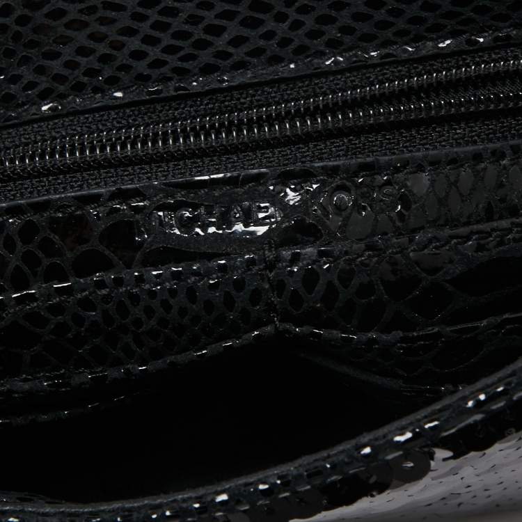Pre Owned Michael Kors Black Sequins And Python Effect Leather Flap Shoulder Bag