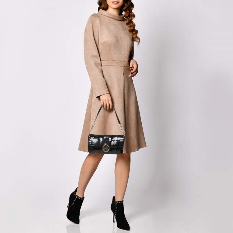 Pre Owned Michael Kors Black Sequins And Python Effect Leather Flap Shoulder Bag