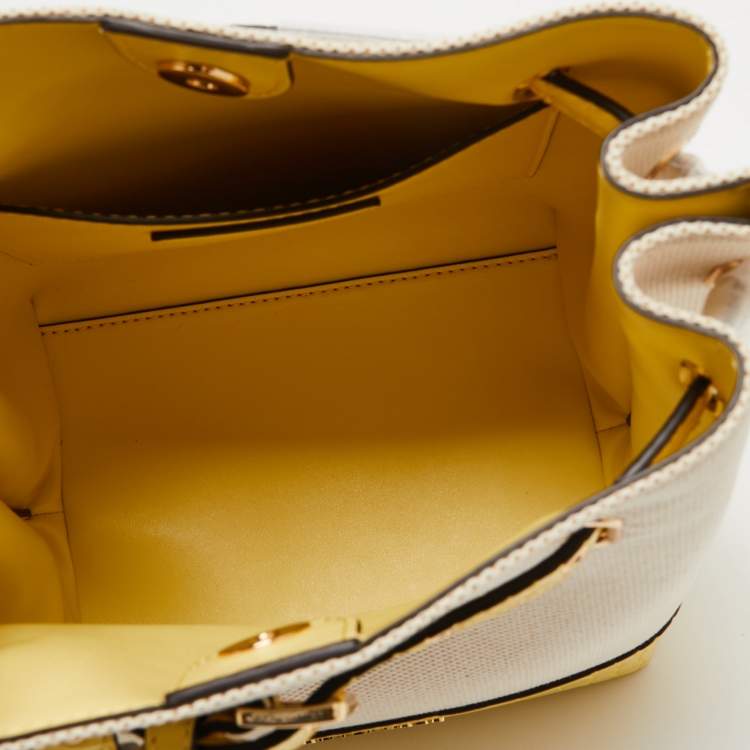 Pre Owned Michael Kors Beige/Yellow Canvas and Leather Small Emilia Bucket Bag