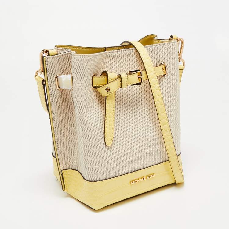 Pre Owned Michael Kors Beige/Yellow Canvas and Leather Small Emilia Bucket Bag