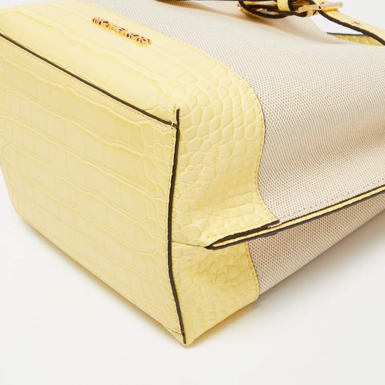 Pre Owned Michael Kors Beige/Yellow Canvas and Leather Small Emilia Bucket Bag