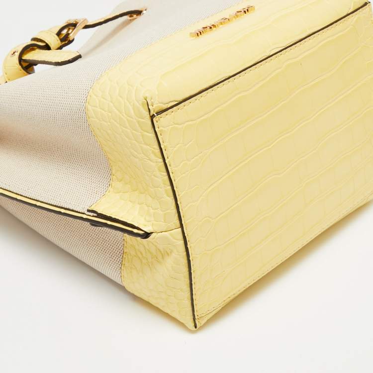 Pre Owned Michael Kors Beige/Yellow Canvas and Leather Small Emilia Bucket Bag
