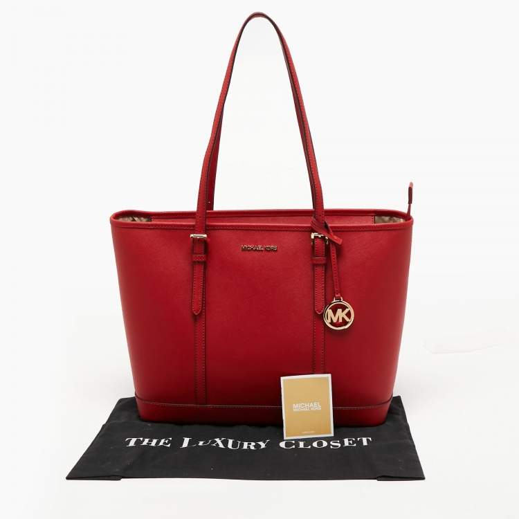 Pre Owned Michael Kors Red Leather Large Jet Set Travel Tote