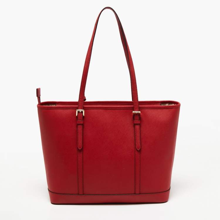 Pre Owned Michael Kors Red Leather Large Jet Set Travel Tote