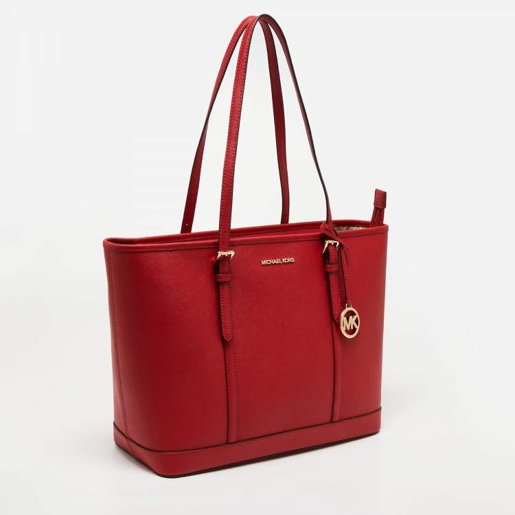 Pre Owned Michael Kors Red Leather Large Jet Set Travel Tote