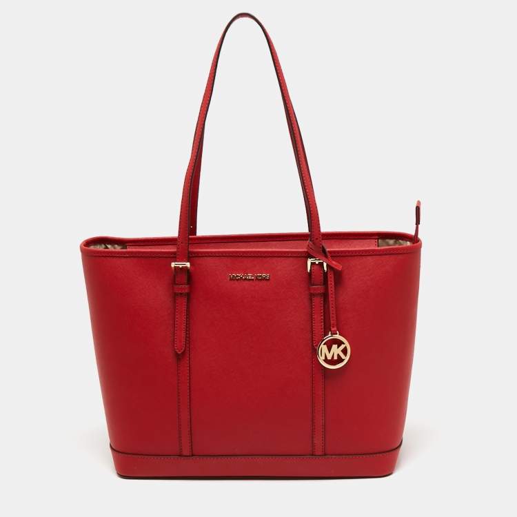 Pre Owned Michael Kors Red Leather Large Jet Set Travel Tote