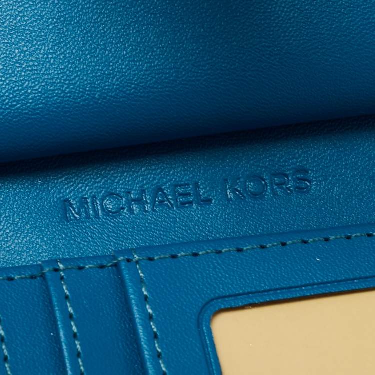 Pre Owned Michael Kors Teal Signature Coated Canvas Jet Set Travel Zip Wristlet Wallet