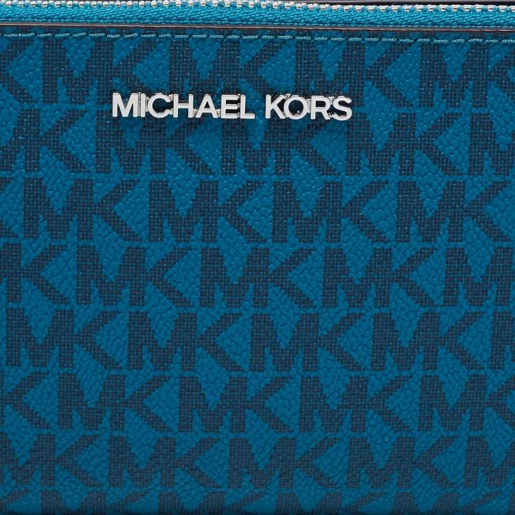 Pre Owned Michael Kors Teal Signature Coated Canvas Jet Set Travel Zip Wristlet Wallet