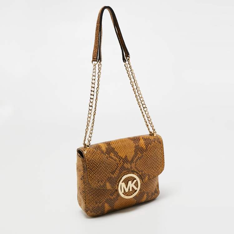 Pre Owned Michael Kors Yellow Python Embossed Leather Fulton Shoulder Bag
