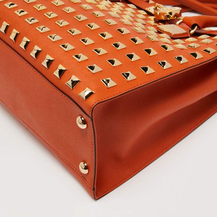 Pre Owned MICHAEL Michael Kors Orange Leather Large Studded Hamilton Tote