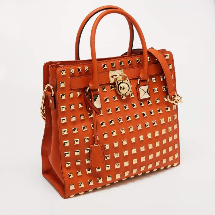 Pre Owned MICHAEL Michael Kors Orange Leather Large Studded Hamilton Tote