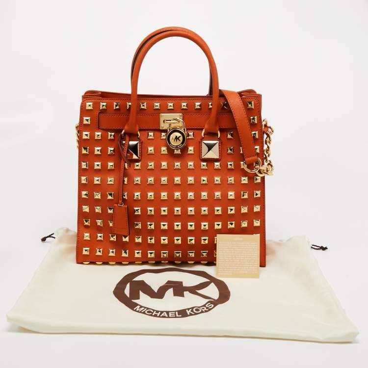 Pre Owned MICHAEL Michael Kors Orange Leather Large Studded Hamilton Tote