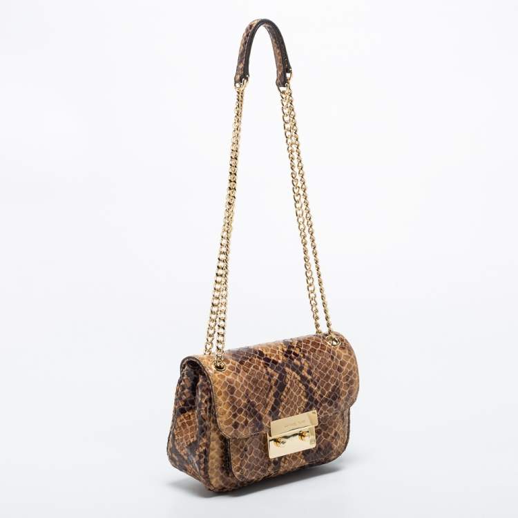 Pre Owned Michael Kors Beige/Brown Python Embossed Leather Small Sloan Flap Shoulder Bag
