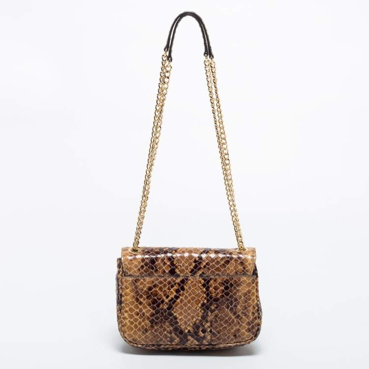 Pre Owned Michael Kors Beige/Brown Python Embossed Leather Small Sloan Flap Shoulder Bag