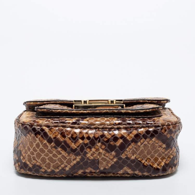 Pre Owned Michael Kors Beige/Brown Python Embossed Leather Small Sloan Flap Shoulder Bag