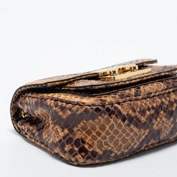 Pre Owned Michael Kors Beige/Brown Python Embossed Leather Small Sloan Flap Shoulder Bag