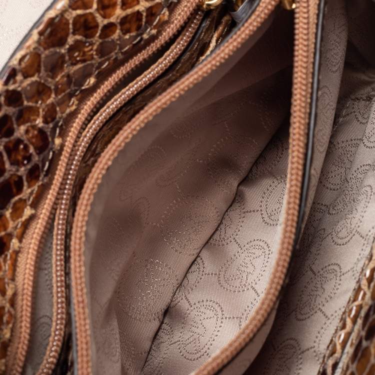 Pre Owned Michael Kors Beige/Brown Python Embossed Leather Small Sloan Flap Shoulder Bag