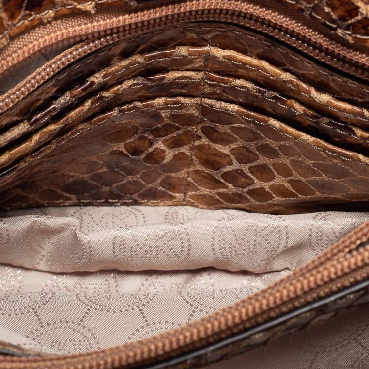 Pre Owned Michael Kors Beige/Brown Python Embossed Leather Small Sloan Flap Shoulder Bag