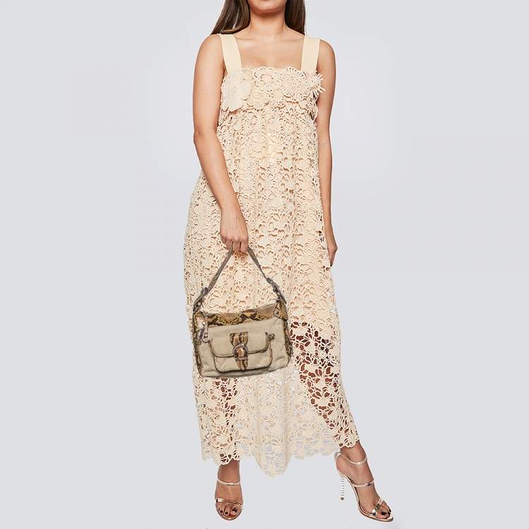 Pre Owned Michael Kors Beige/Black Canvas and Snakeskin Trim Jet Setter Shoulder Bag