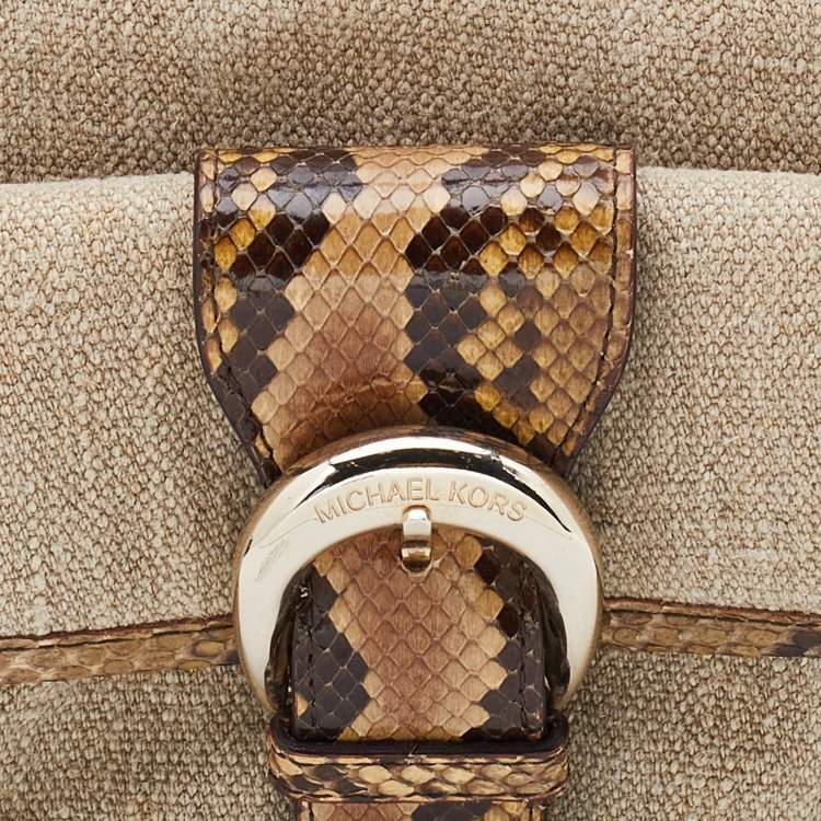 Pre Owned Michael Kors Beige/Black Canvas and Snakeskin Trim Jet Setter Shoulder Bag