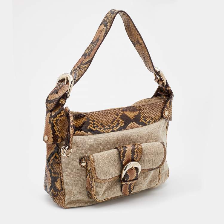 Pre Owned Michael Kors Beige/Black Canvas and Snakeskin Trim Jet Setter Shoulder Bag