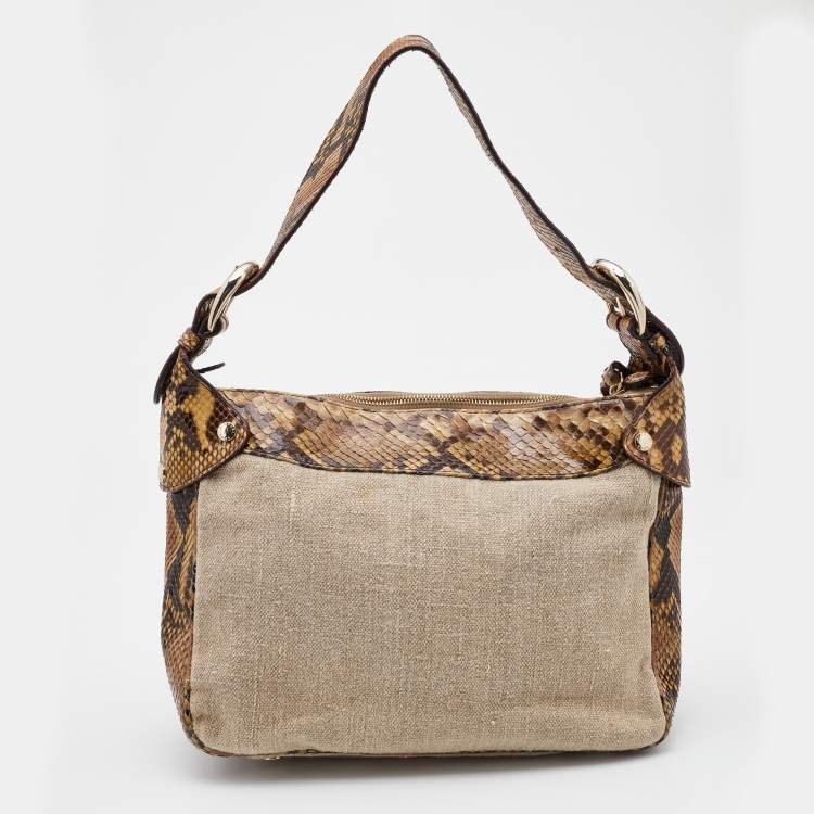 Pre Owned Michael Kors Beige/Black Canvas and Snakeskin Trim Jet Setter Shoulder Bag