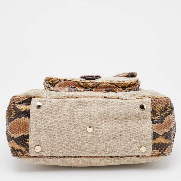 Pre Owned Michael Kors Beige/Black Canvas and Snakeskin Trim Jet Setter Shoulder Bag