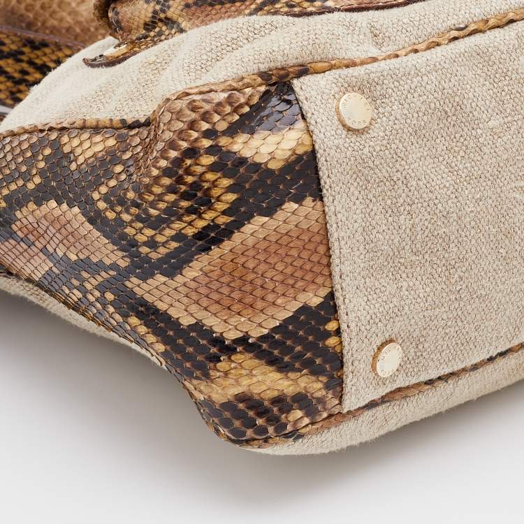 Pre Owned Michael Kors Beige/Black Canvas and Snakeskin Trim Jet Setter Shoulder Bag
