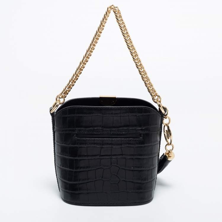 Pre Owned Michael Kors Black Croc Embossed Leather Mini Bea Bucket Bag
