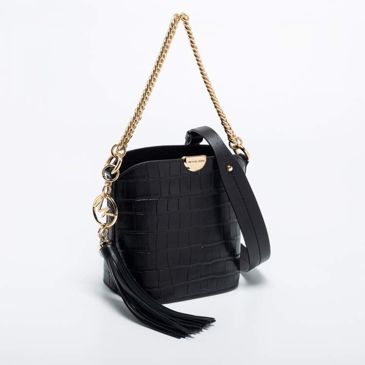 Pre Owned Michael Kors Black Croc Embossed Leather Mini Bea Bucket Bag