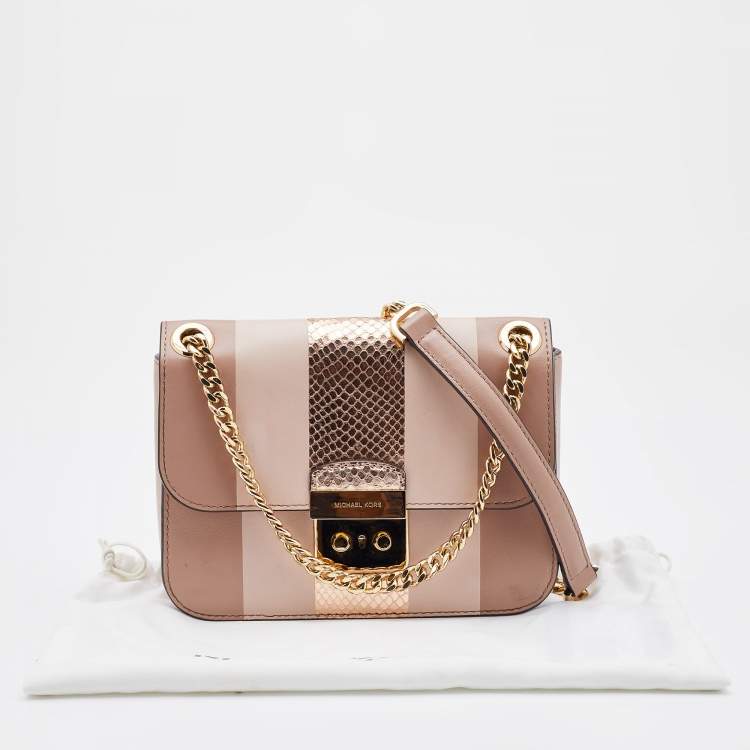 Pre Owned Michael Kors Beige Striped Leather Sloan Shoulder Bag