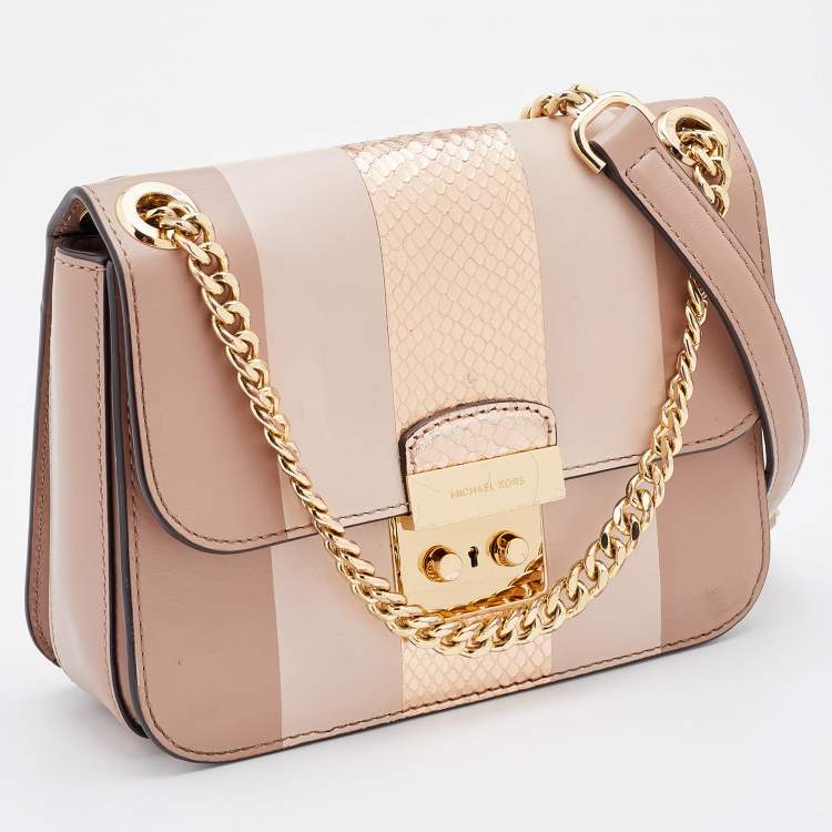 Pre Owned Michael Kors Beige Striped Leather Sloan Shoulder Bag
