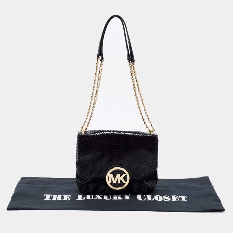 Pre Owned Michael Kors Black Python Embossed Leather Fulton Shoulder Bag