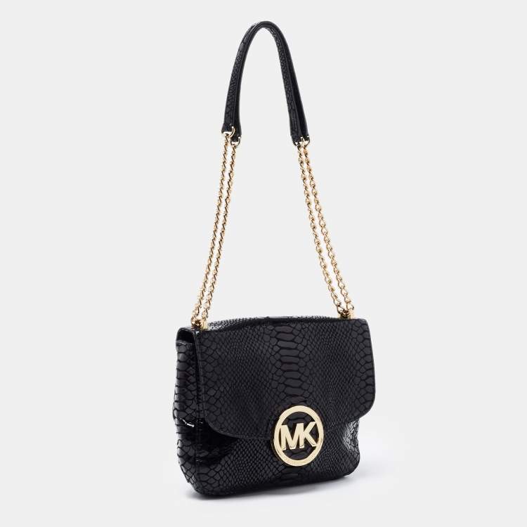 Pre Owned Michael Kors Black Python Embossed Leather Fulton Shoulder Bag