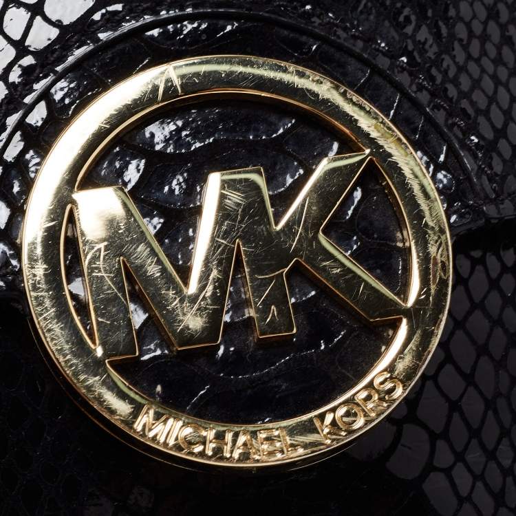 Pre Owned Michael Kors Black Python Embossed Leather Fulton Shoulder Bag