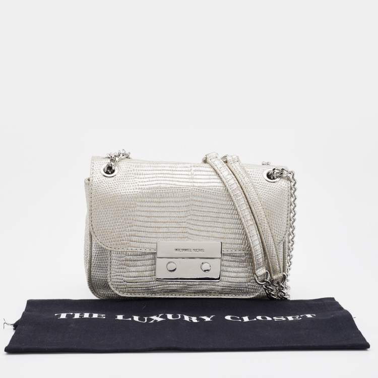 Pre Owned Michael Kors Silver Lizard Embossed Leather Small Sloan Shoulder Bag