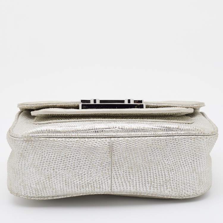 Pre Owned Michael Kors Silver Lizard Embossed Leather Small Sloan Shoulder Bag