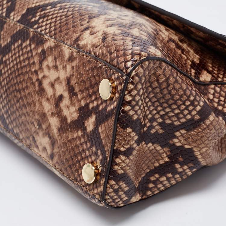 Pre Owned Michael Kors Beige/Brown Python Embossed  Leather Bleecker Top Handle Bag