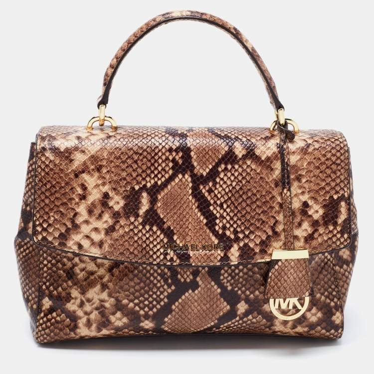 Pre Owned Michael Kors Beige/Brown Python Embossed  Leather Bleecker Top Handle Bag
