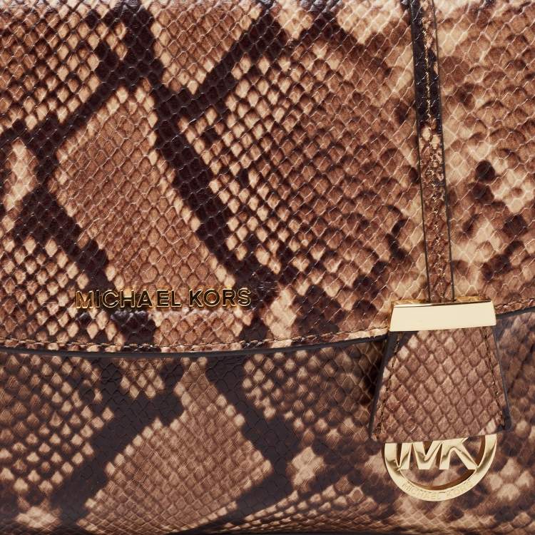 Pre Owned Michael Kors Beige/Brown Python Embossed  Leather Bleecker Top Handle Bag